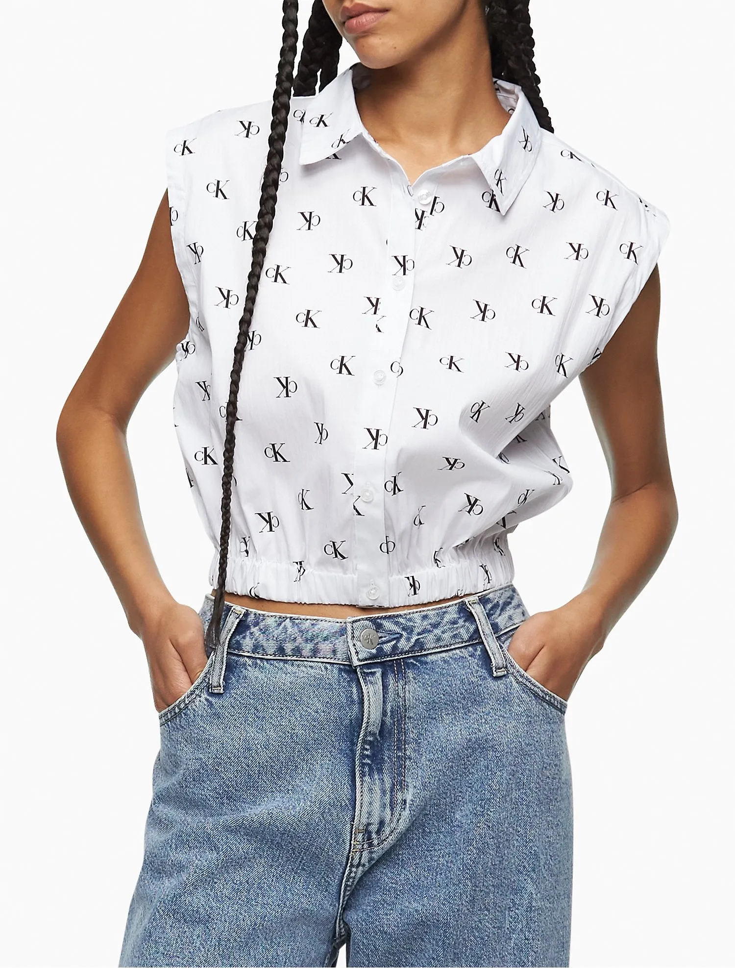 Calvin Klein Allover Logo Cropped Button-Down Shirt - Women