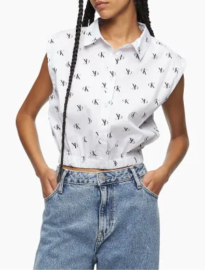 Calvin Klein Allover Logo Cropped Button-Down Shirt - Women