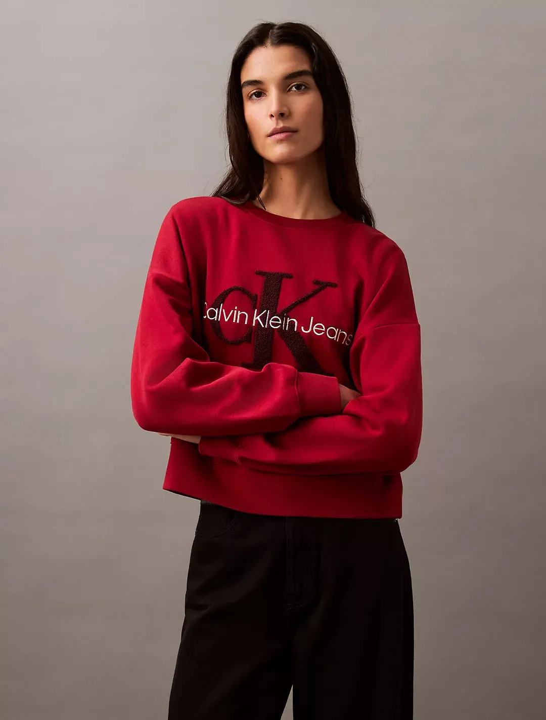 Calvin Klein Chenille Monogram Logo Fleece Crewneck Sweatshirt - Women