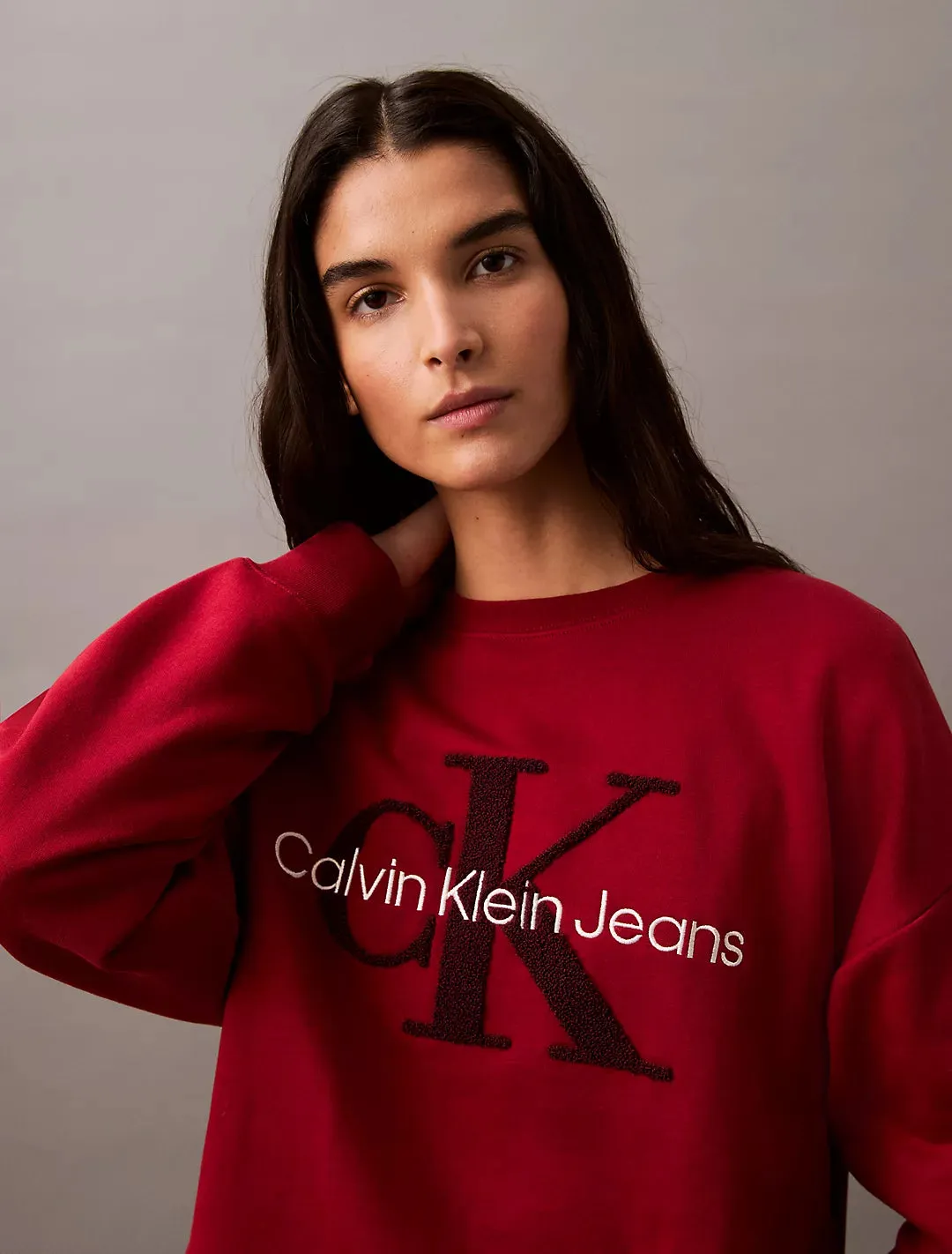 Calvin Klein Chenille Monogram Logo Fleece Crewneck Sweatshirt - Women