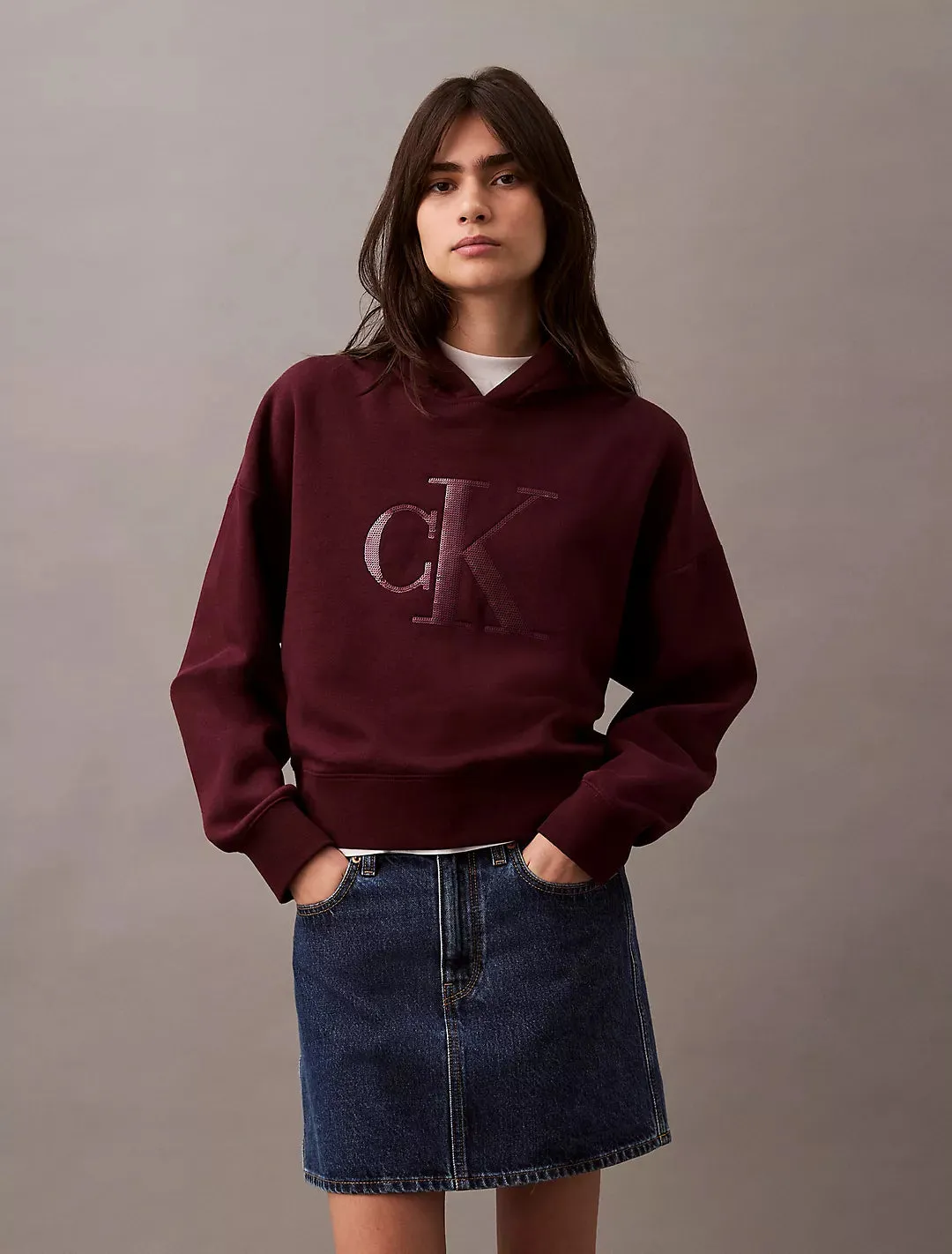Calvin Klein Sequin Monogram Logo Cropped Hoodie - Women