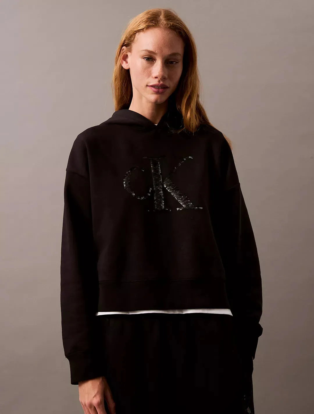 Calvin Klein Sequin Monogram Logo Cropped Hoodie - Women