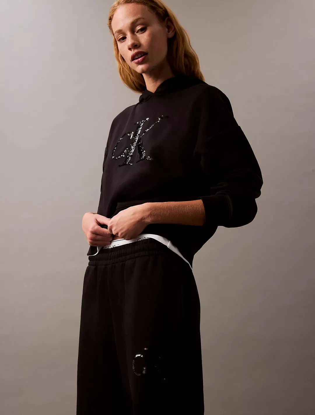 Calvin Klein Sequin Monogram Logo Cropped Hoodie - Women
