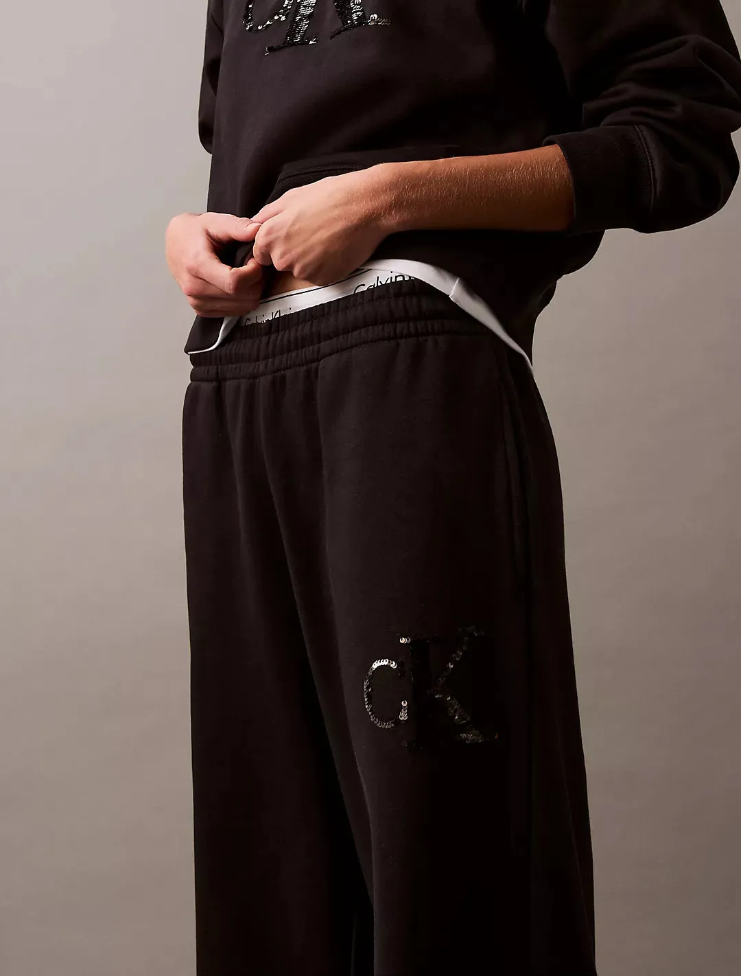 Calvin Klein Sequin Monogram Logo Fleece Wide Leg Sweatpants - Women