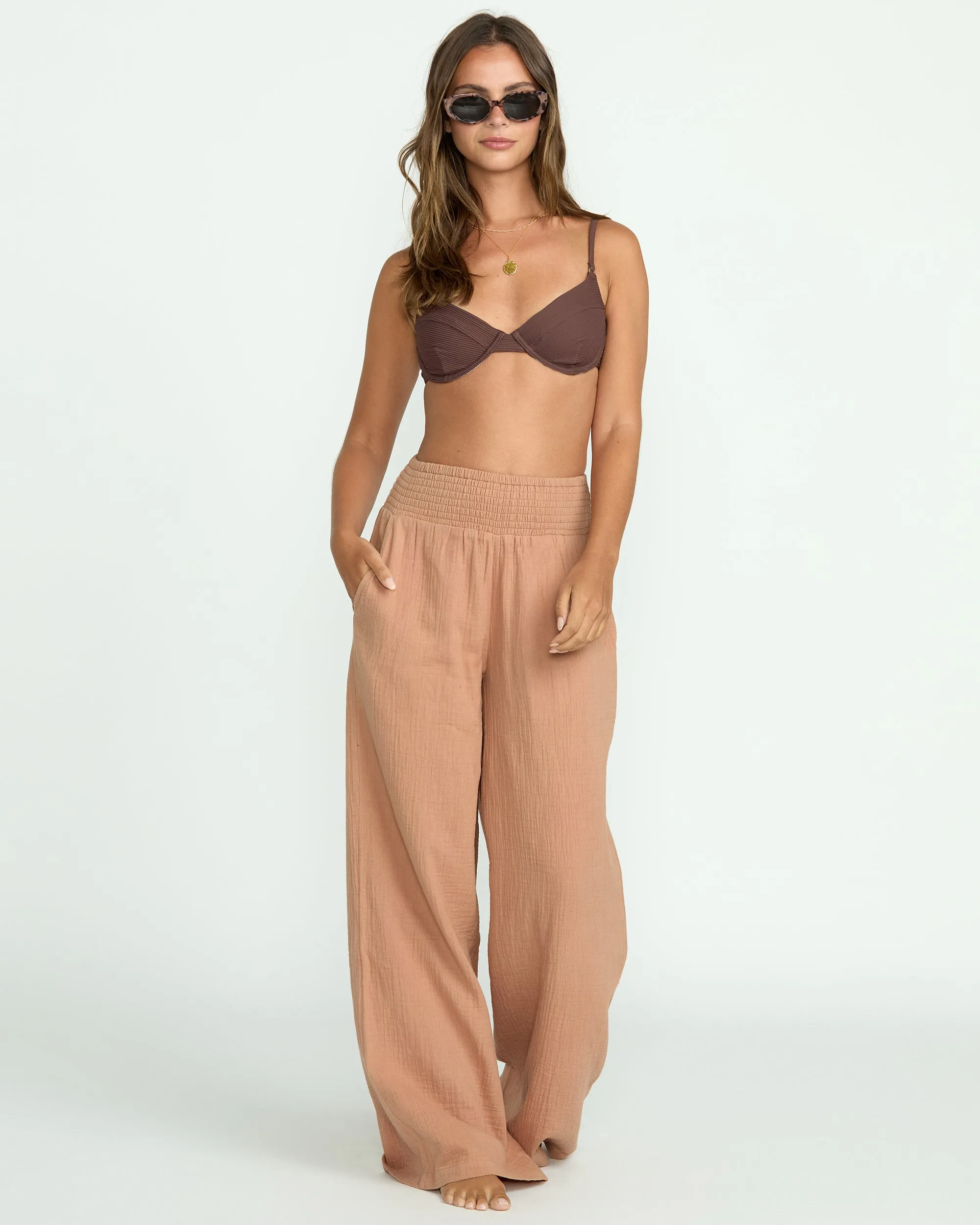 New Waves Gauze Elastic Waist Pants - Rose Brown Billabong