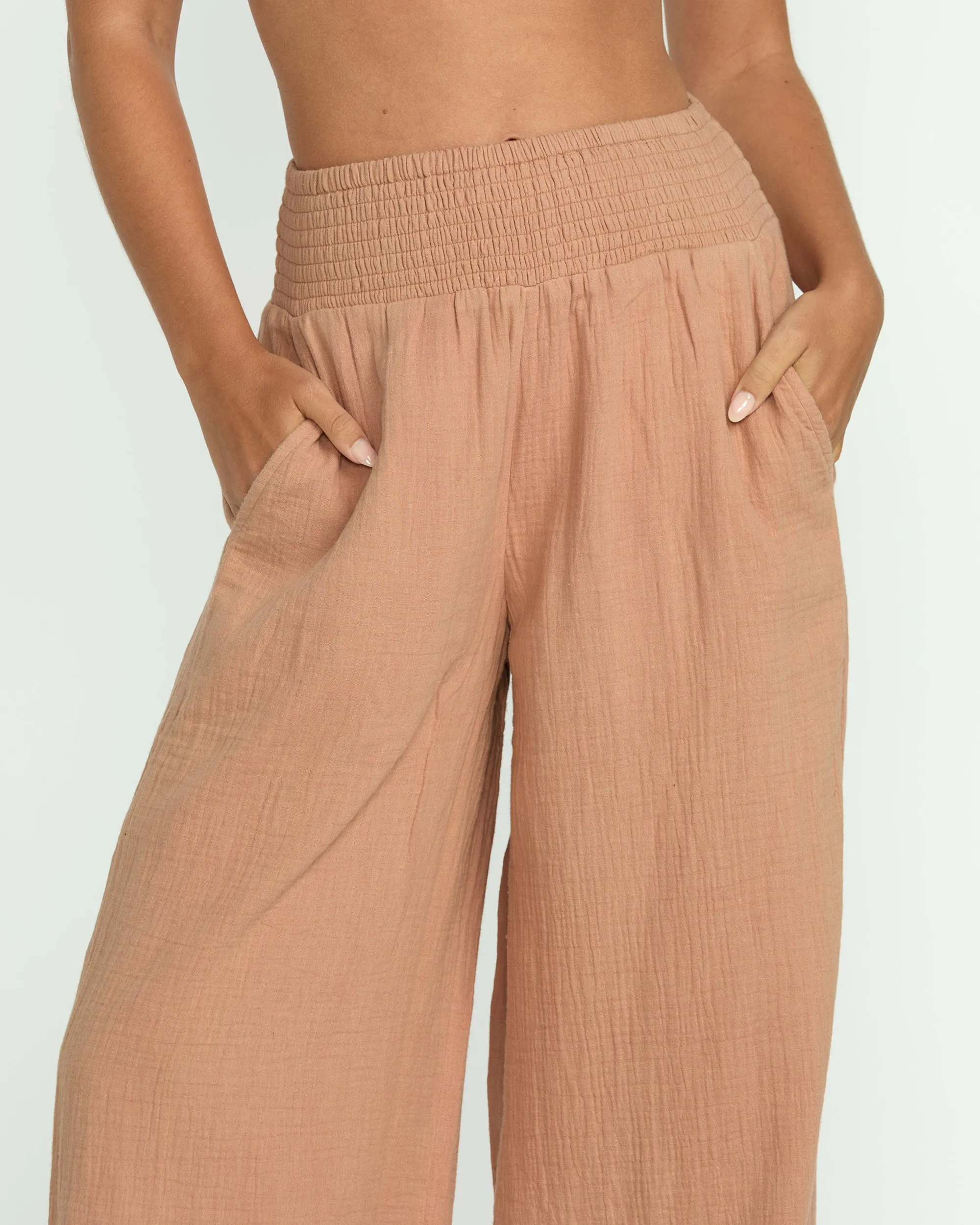 New Waves Gauze Elastic Waist Pants - Rose Brown Billabong