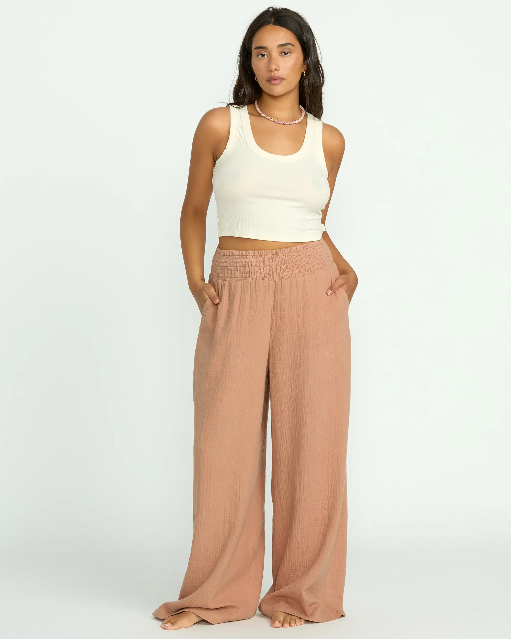 New Waves Gauze Elastic Waist Pants - Rose Brown Billabong