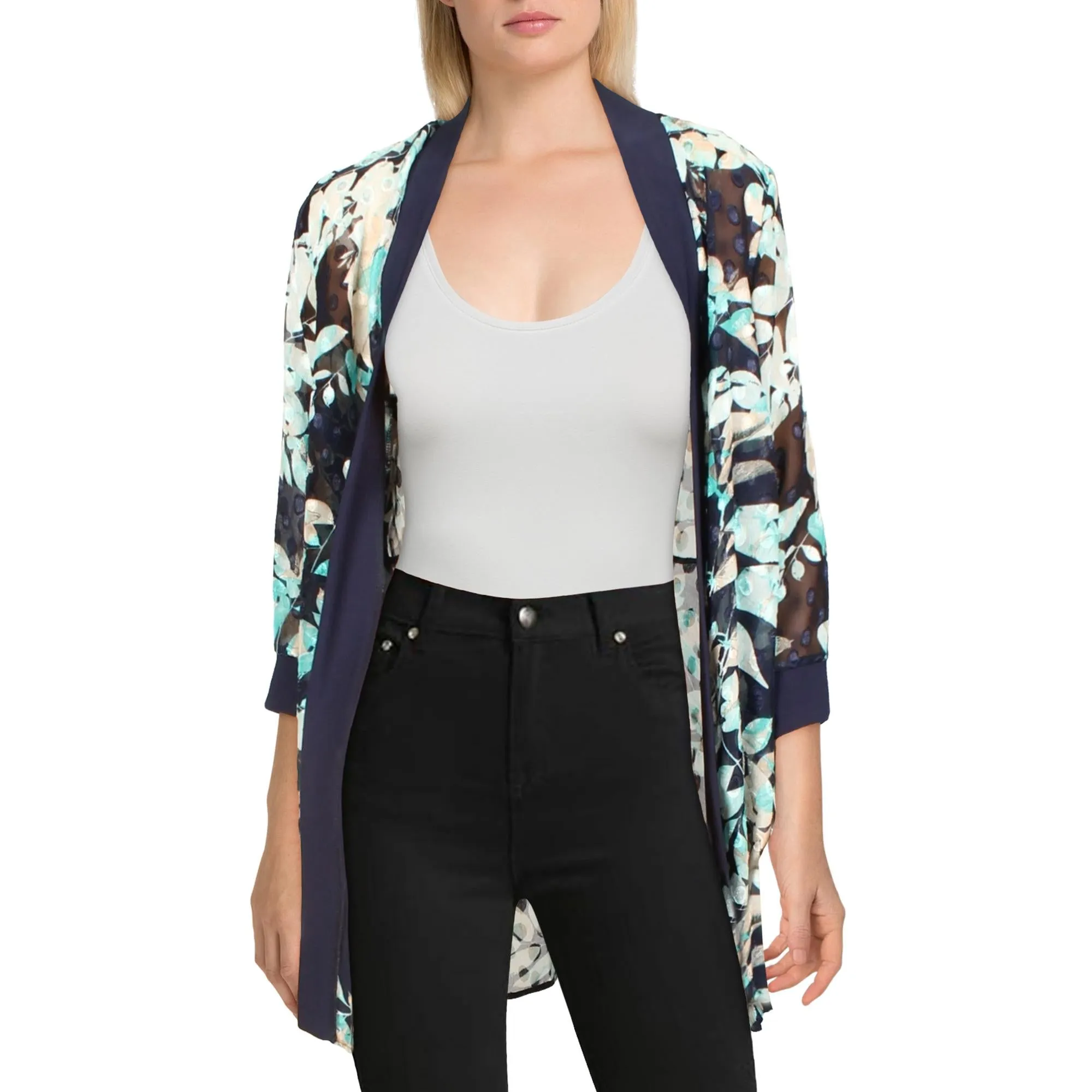 Petites Womens Chiffon Floral Duster Blazer