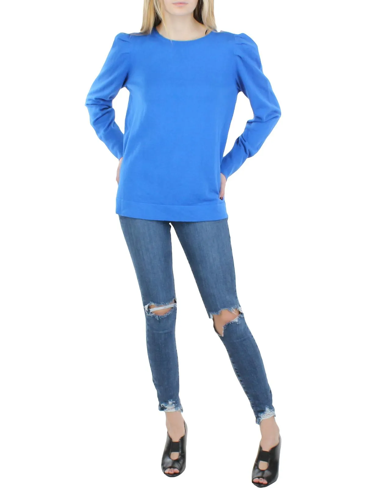 Plus   Womens Cotton Cashmere Shirred Shoulder Pullover Sweater