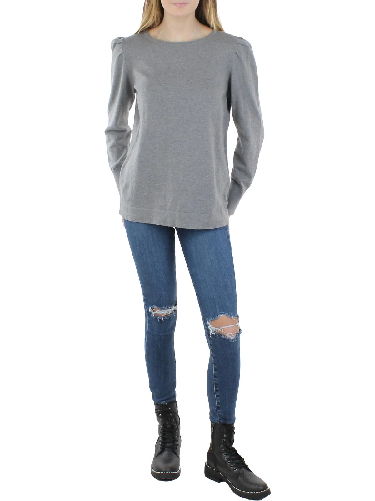 Plus   Womens Cotton Cashmere Shirred Shoulder Pullover Sweater