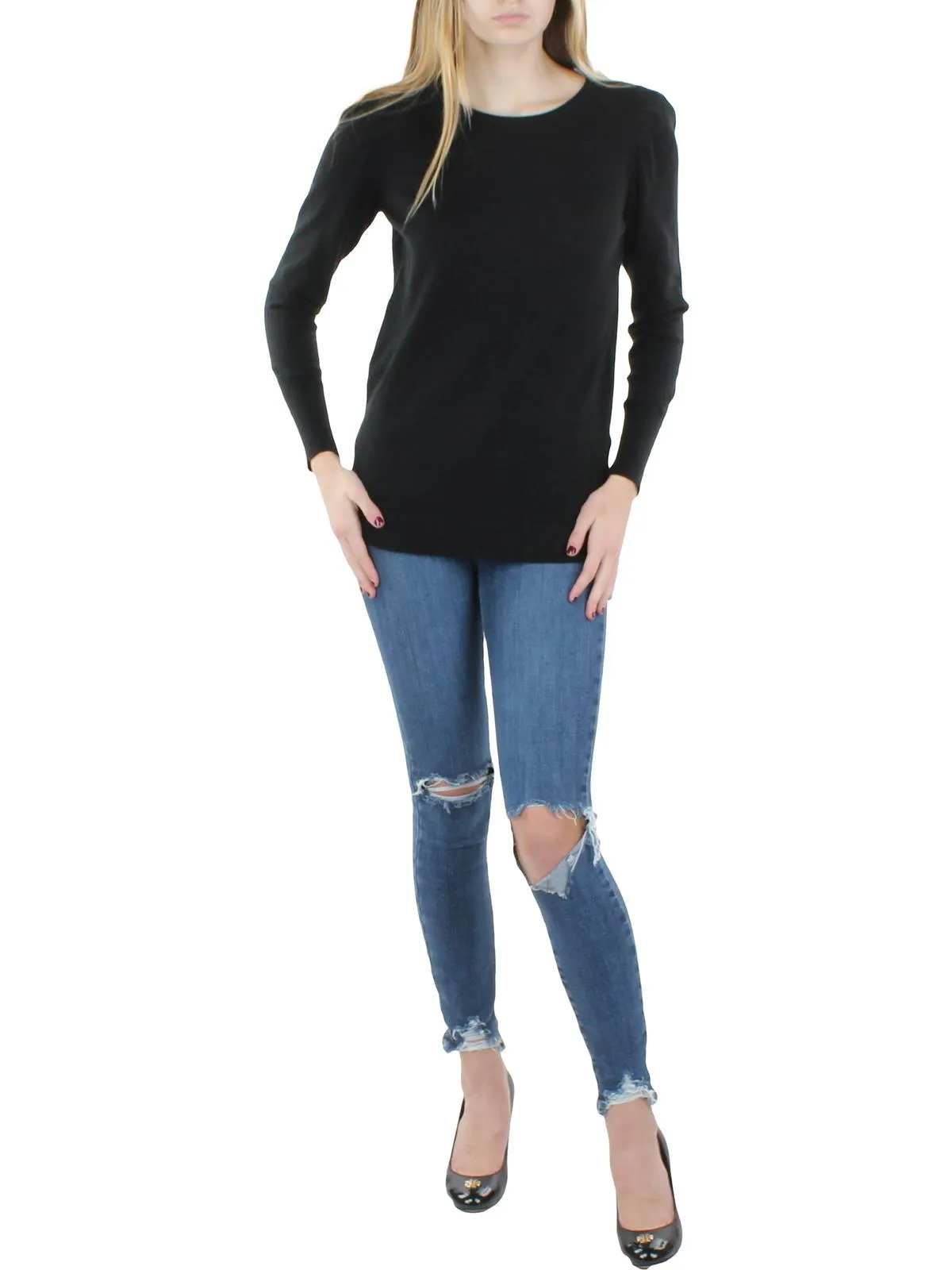 Plus   Womens Cotton Cashmere Shirred Shoulder Pullover Sweater