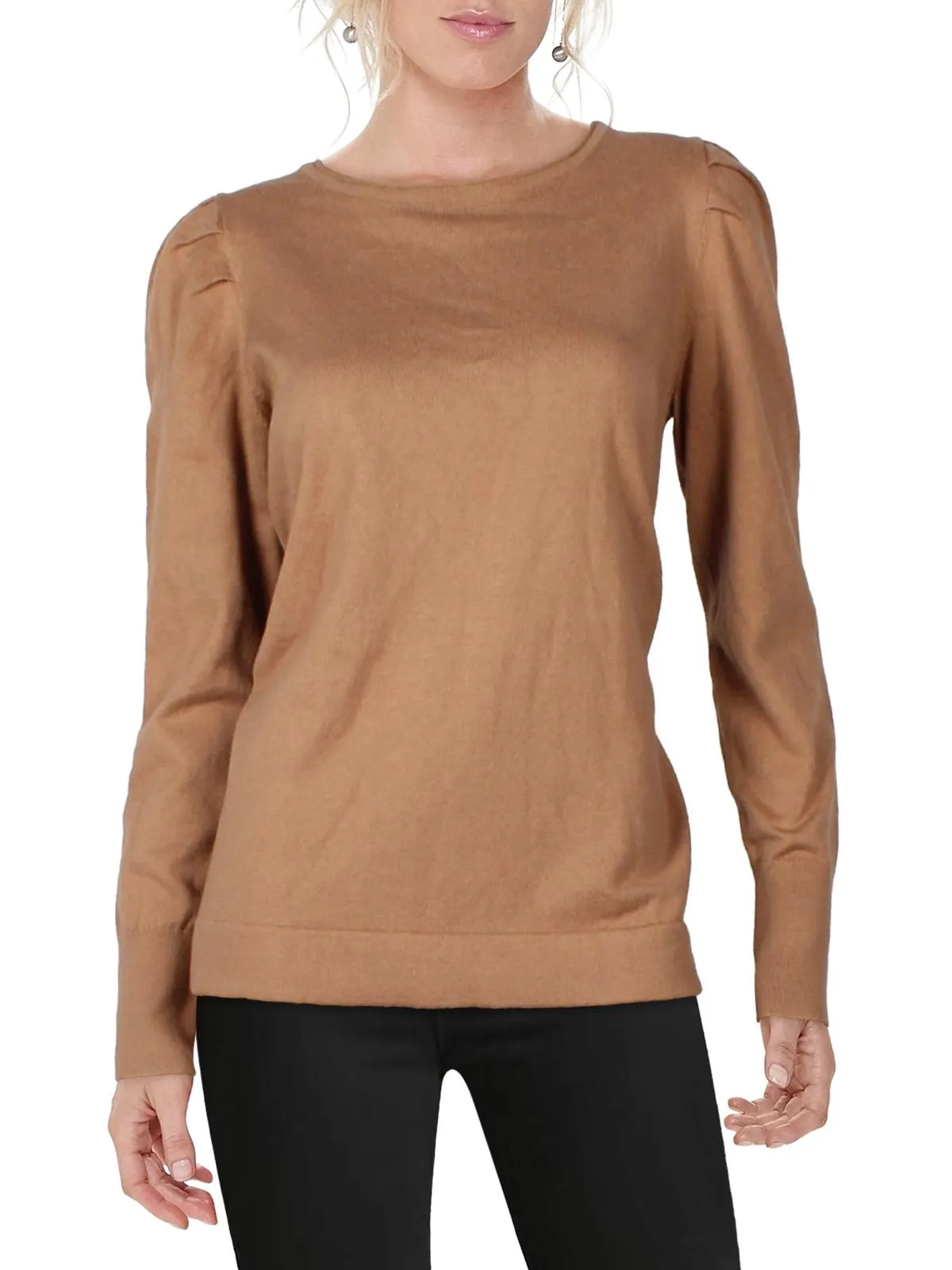 Plus   Womens Cotton Cashmere Shirred Shoulder Pullover Sweater