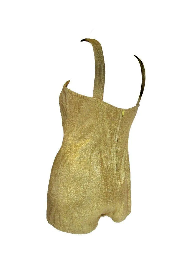 Rare 1950’s Nettie Rosenstein Gold Lame Knit Bombshell Bathing/Play Suit