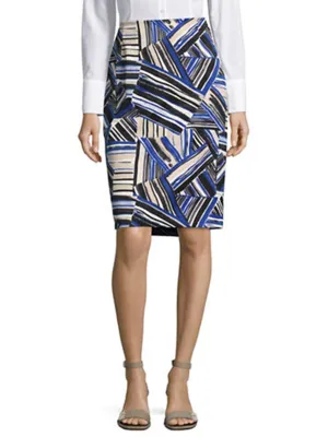 Women's Abstract Printed Back Slit Pencil Skirt,Blue