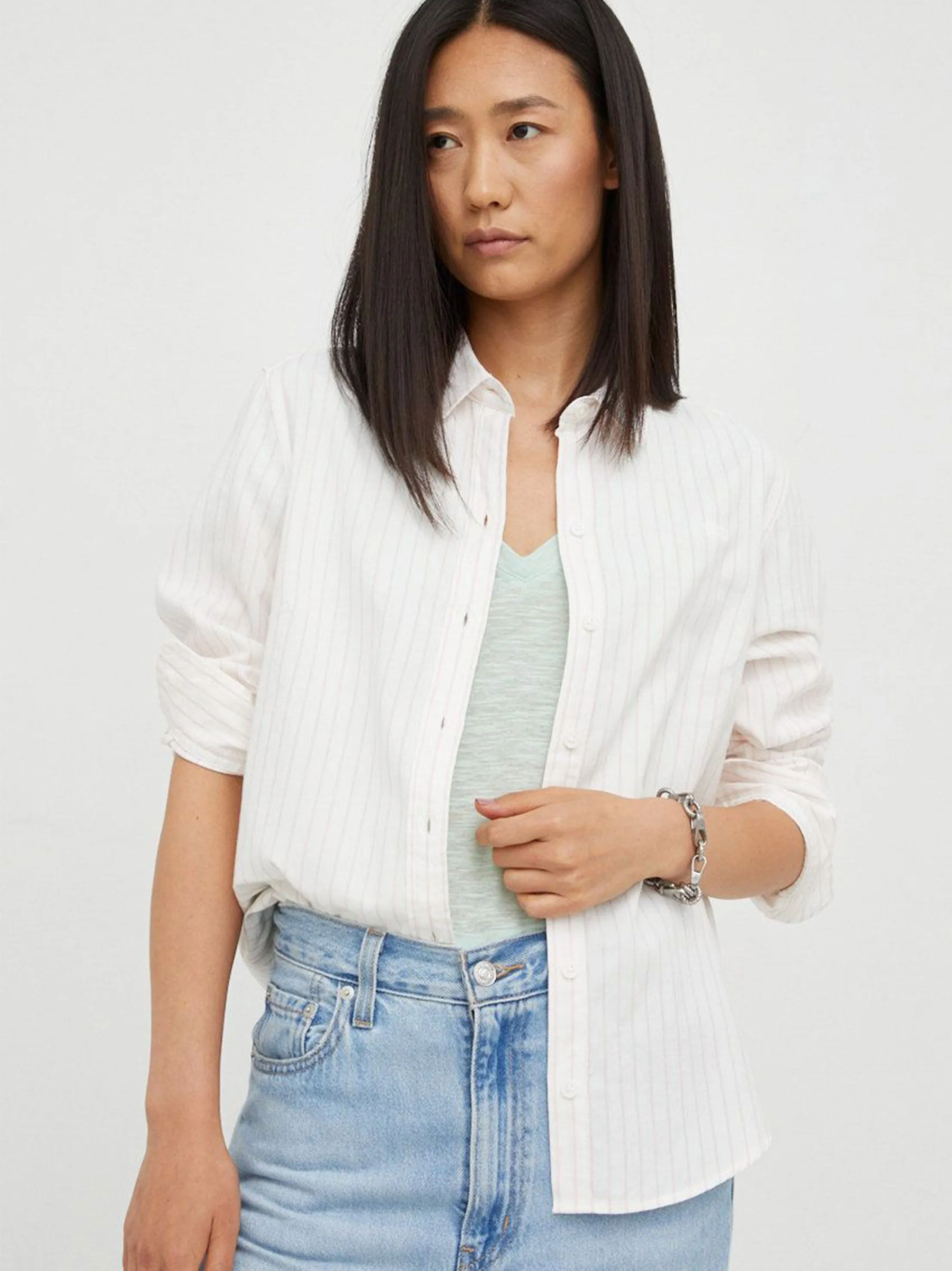 Women's Buttons Down Striped Shirt,White/Pink