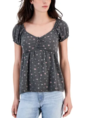 Women's Floral Printed Puff Sleeve Babydoll Top,Grey