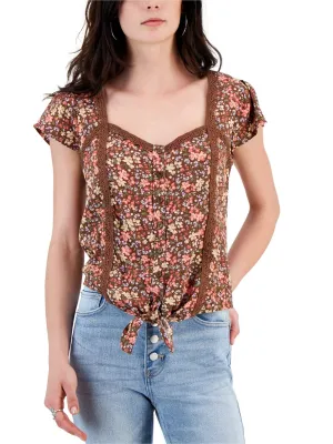 Women's Floral Printed Tie Front Top,Brown