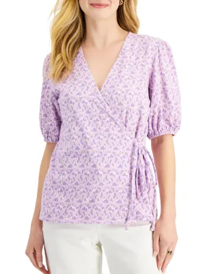 Women's Floral Printed Wrap-Front Top,Purple