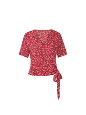 Women's Floral Printed Wrap-Side Top,Red