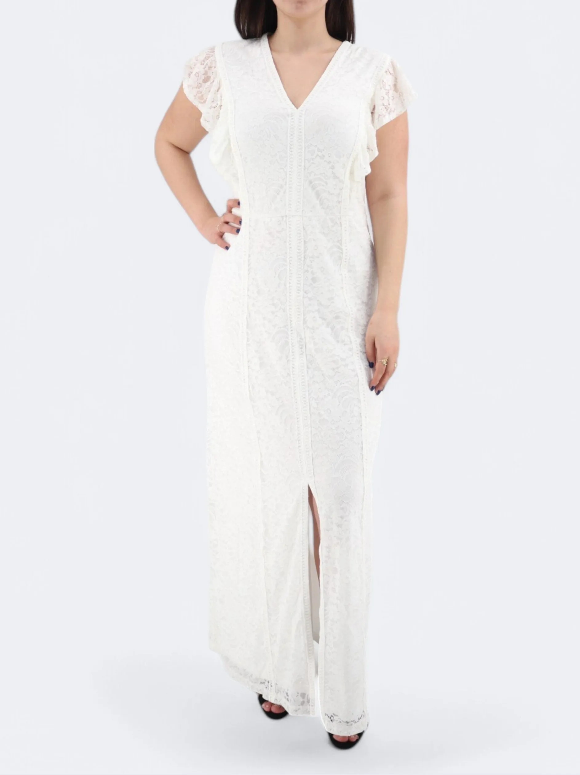 Women's Front Slit Lace Dress,White