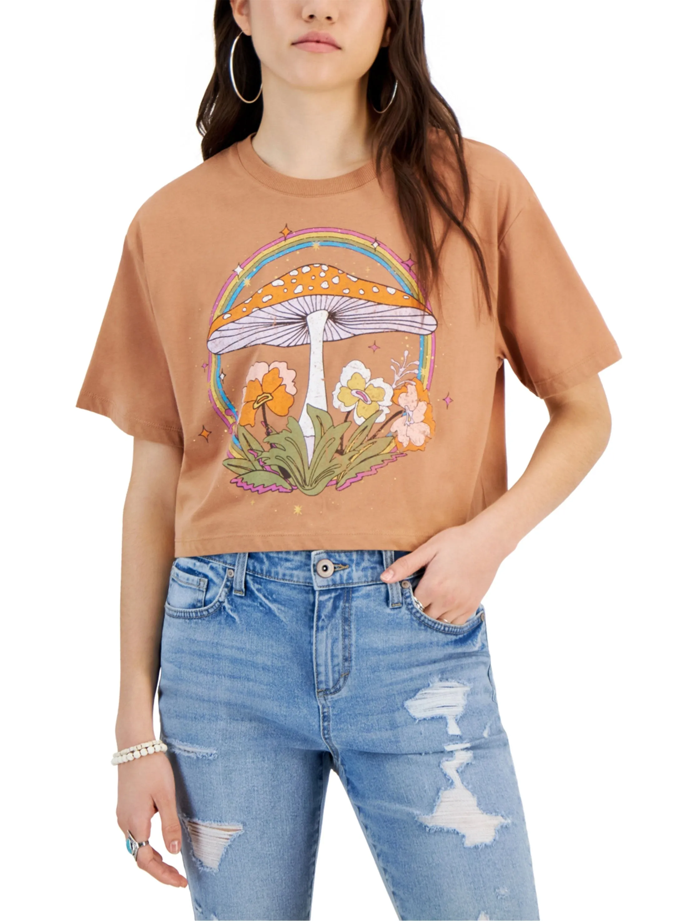 Women's Graphic Printed Cropped T-Shirt,Brown