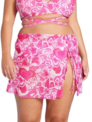 Women's Heart Printed Side Tie Mesh Skirt,Rose