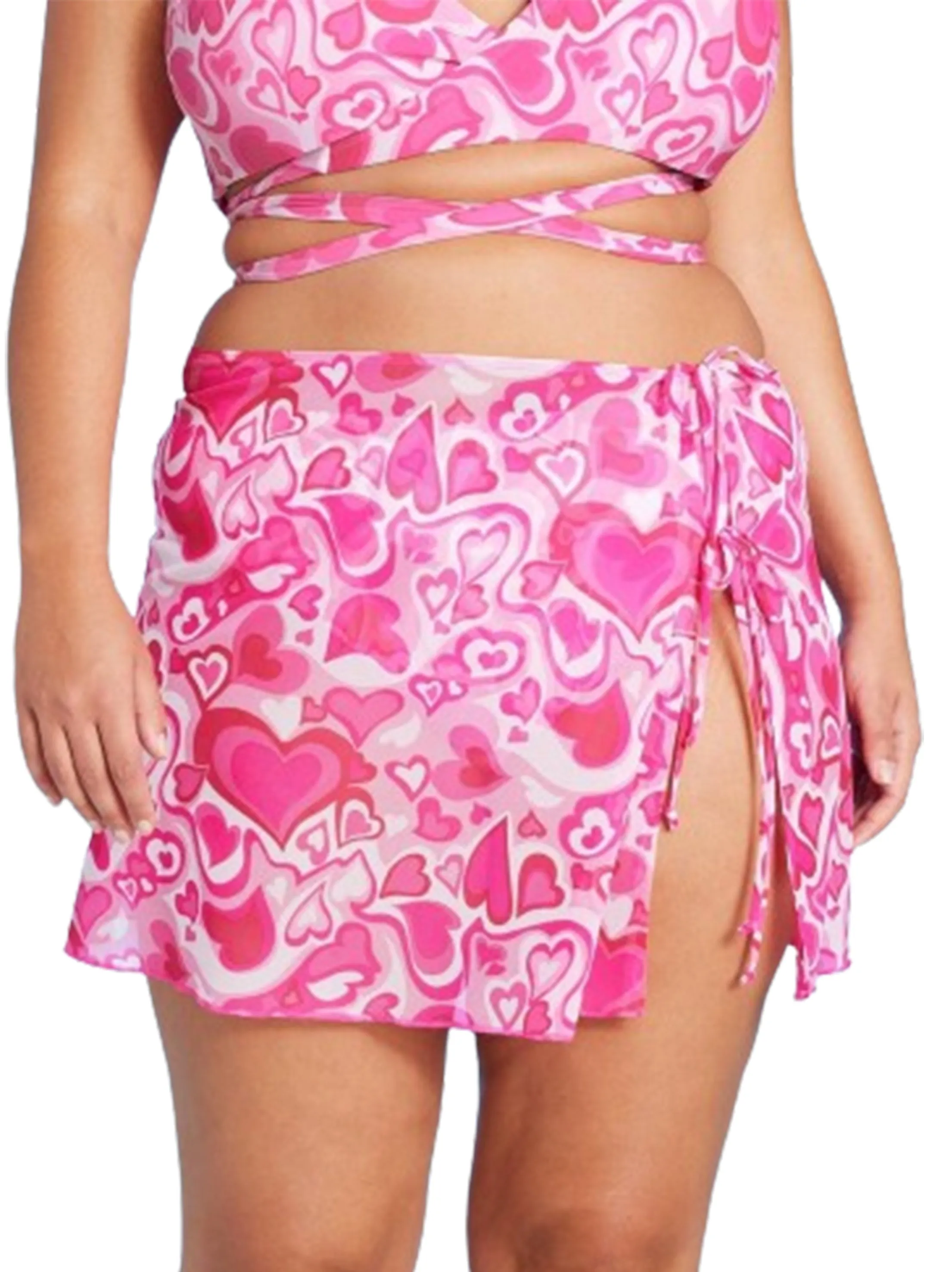 Women's Heart Printed Side Tie Mesh Skirt,Rose