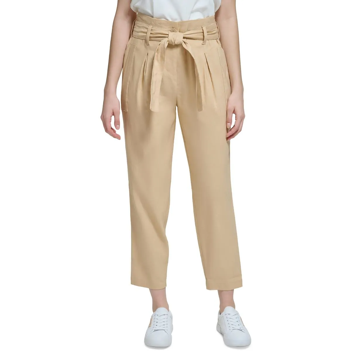 Womens Linen High Waist Cropped Pants