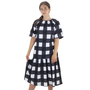 Women's Plaid Ruffle Hem Oversized Dress,White/Black