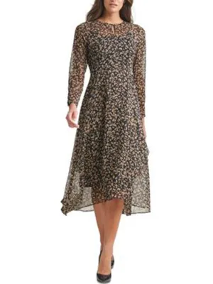 Women's Printed Chiffon Dress,Black/Beige