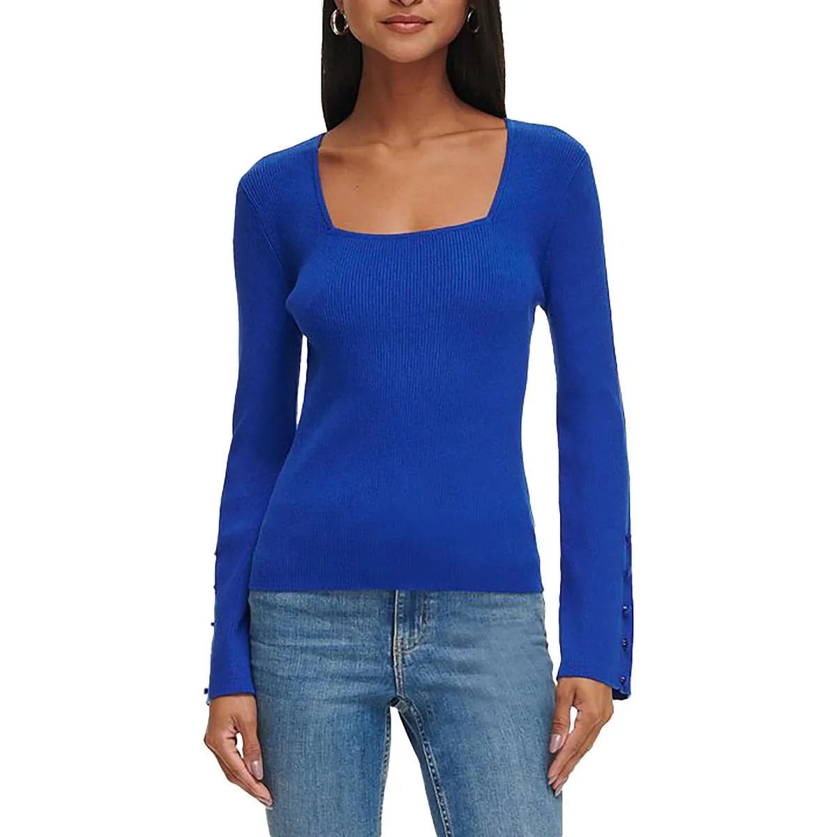 Womens Square Neck Button Trim Pullover Sweater