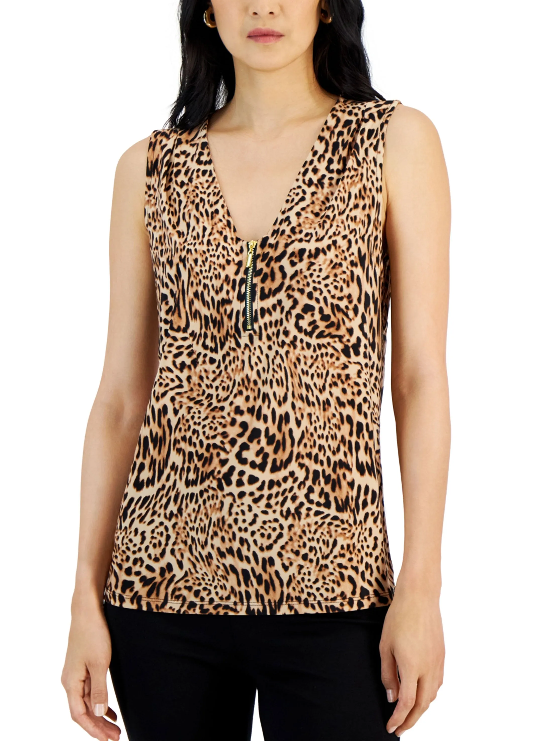 Women's Zip Front Animal Printed Top,Beige