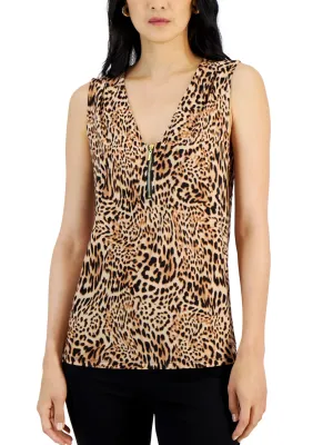 Women's Zip Front Animal Printed Top,Beige